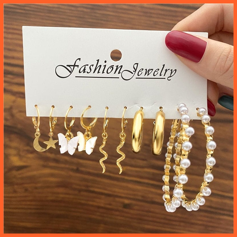 Vintage Gold Silver Color Metal Chain Hoop Earrings Set For Women | Fashion Pearl Circle Hoop Earrings Trendy Jewellery Gifts | whatagift.com.au.