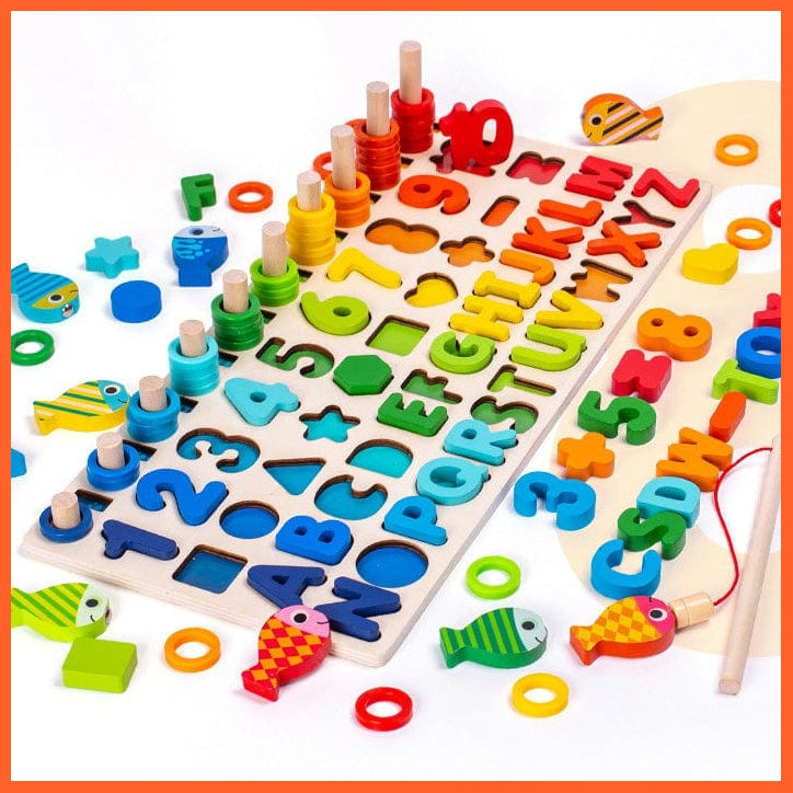 whatagift.com.au Educational Toys Wooden Educational Building Block Puzzle Fishing Count Digital Shape Matching Toys