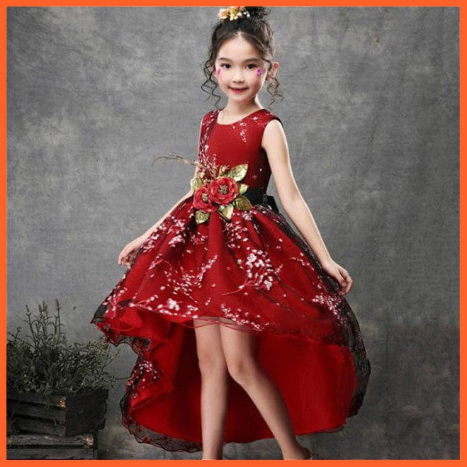 whatagift.com.au FD526-Red / 10 Baby Girls Flower Print Princess Ball Gown Party Trailing Dress