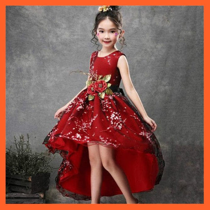 whatagift.com.au FD526-Red / 3T Baby Girls Flower Print Princess Ball Gown Party Trailing Dress