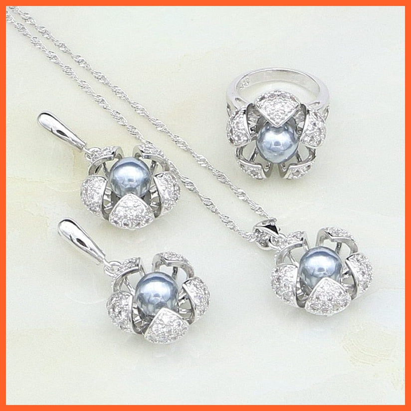 whatagift.com.au Flower 925 Silver Gray Pearl Earrings Ring Pendant Necklace Set For Women | Best Gift for Women Day Mothers Day Valentines Day