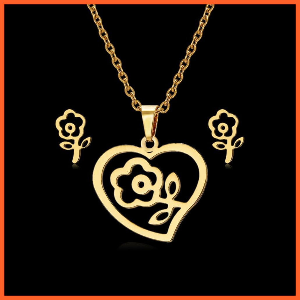 whatagift.com.au Flowers Stainless Steel Mama Love Heart Rose Flower Pendant Necklace Earrings set