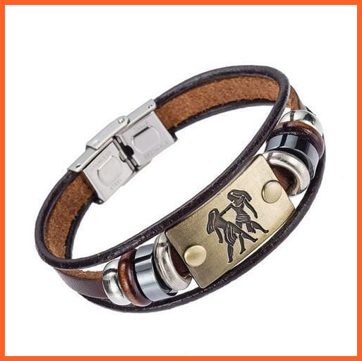 whatagift.com.au Gemin Unisex Stainless Steel 12 Zodiac Signs Genuine Leather Bracelet