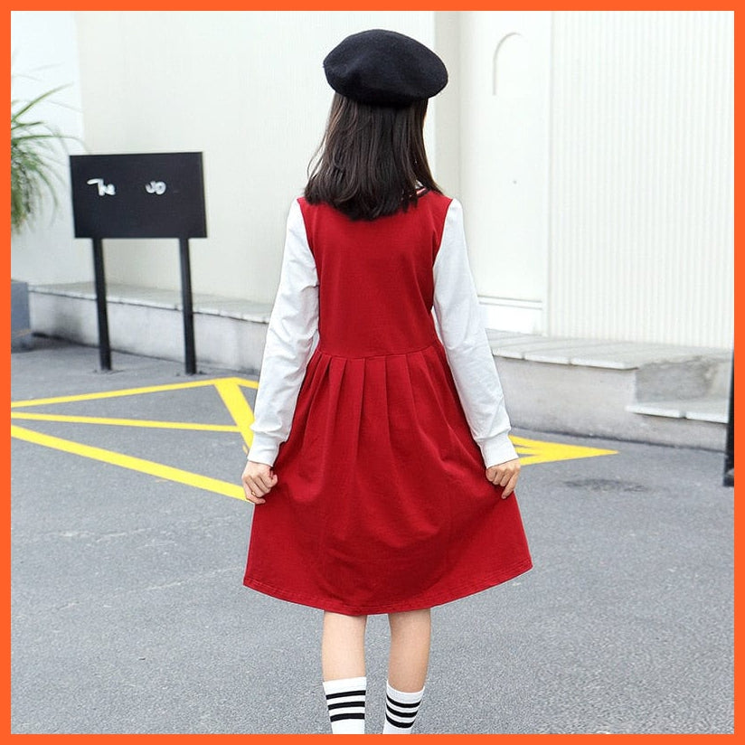 whatagift.com.au Girls School Style Autumn Dresses | Cotton Long Sleeve Elastic Clothes Kids Fake Two Patchwork Costume