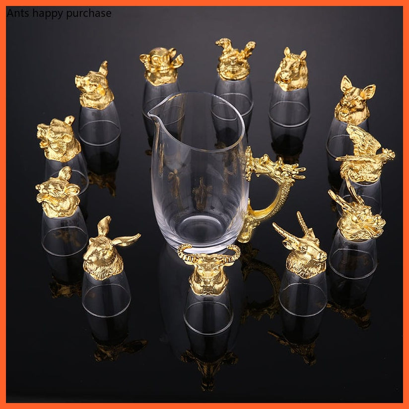 whatagift.com.au Glass Set 12 Zodiac Liquor Wine Glass Set | Small Wine Hip Flasks European Exquisite Gift