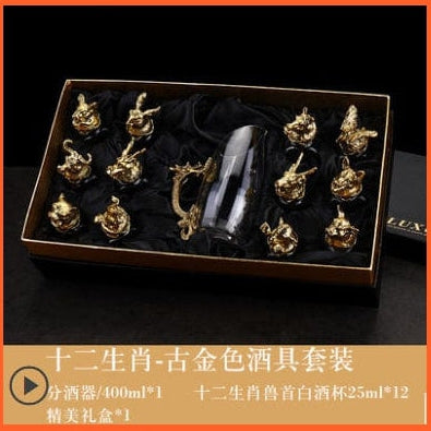 whatagift.com.au Glass Set Ancient gold  box 2 12 Zodiac Liquor Wine Glass Set | Small Wine Hip Flasks European Exquisite Gift