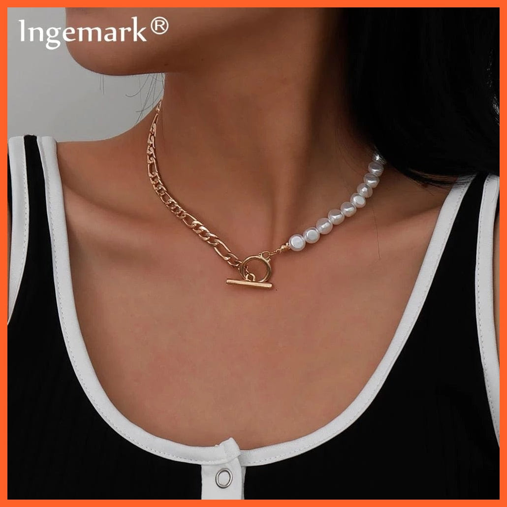 whatagift.com.au Gold Color 1 Baroque Pearl Chain Women Necklace | Punk Toggle Clasp Circle Lariat Bead Choker Necklaces