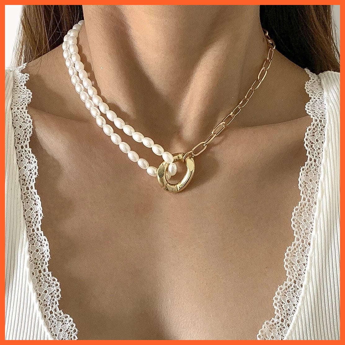 whatagift.com.au Gold Color 7 Baroque Pearl Chain Women Necklace | Punk Toggle Clasp Circle Lariat Bead Choker Necklaces