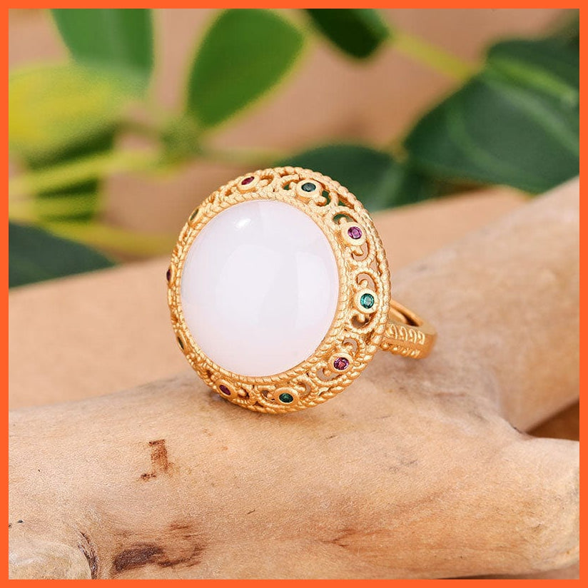 whatagift.com.au Gold Color Inlaid Hetian White Crystal jade Opening Rings for women
