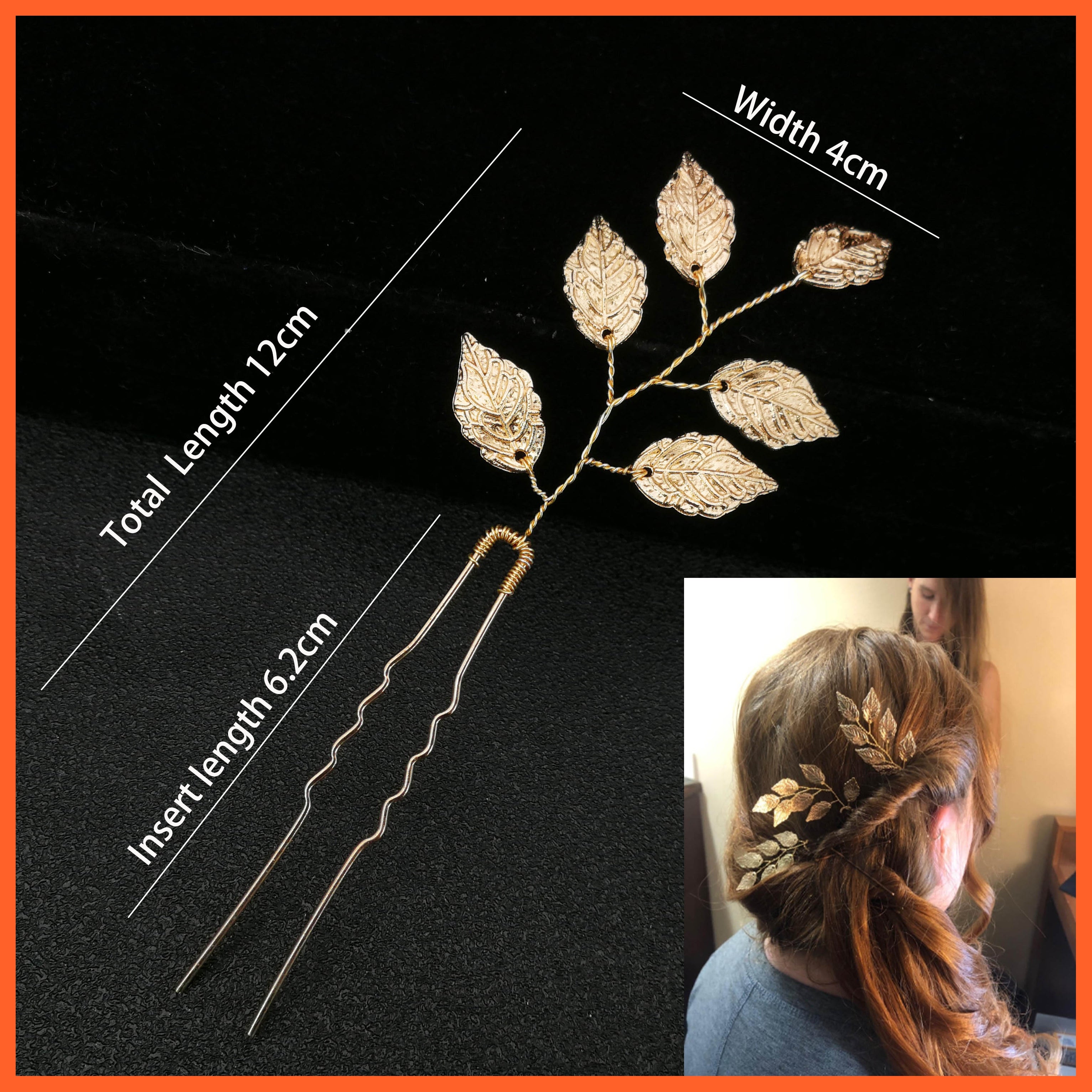 whatagift.com.au Gold Leaves 1pc Women U-shaped Metal Pin | Pearl Bridal Tiara Hairpin | Wedding Accessories