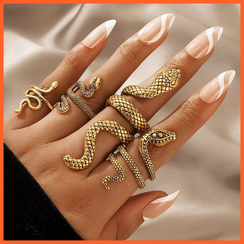 whatagift.uk Gold Ring Set / Resizable Open Adjustable Finger Black Snake Ring Set For Women
