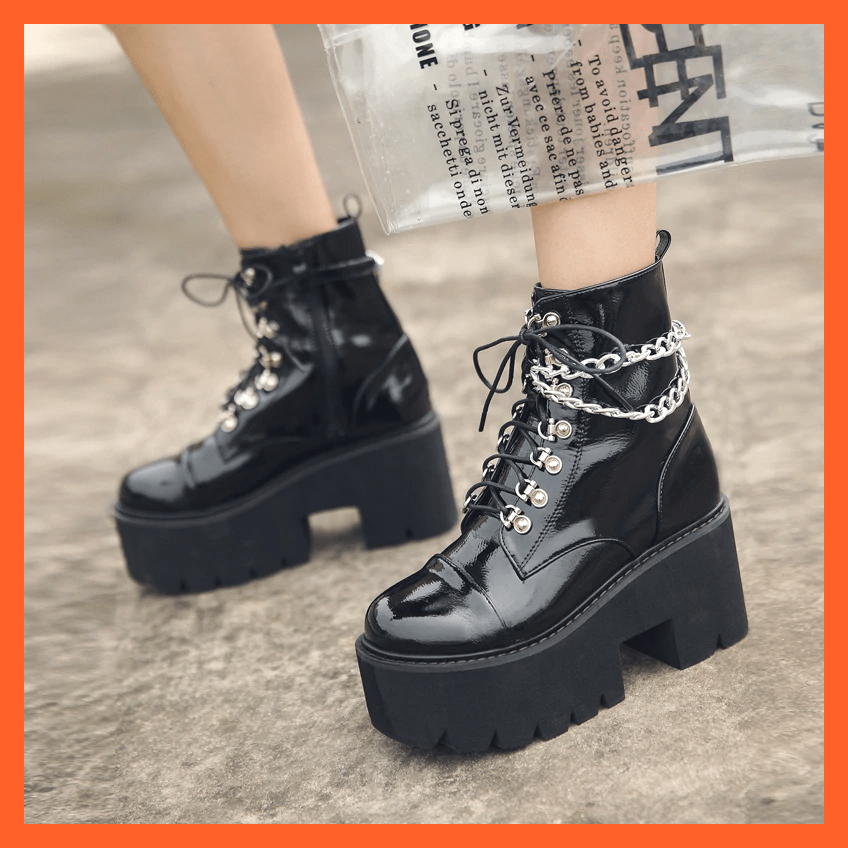 whatagift.com.au Gothic Leather Block Heals With Chain Design Stylish Female Shoes