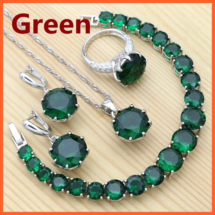 whatagift.com.au Green / 6 Olive Green 925 Silver Jewelry Sets For Women | Crystal Ring Bracelet Necklace Pendant Earrings