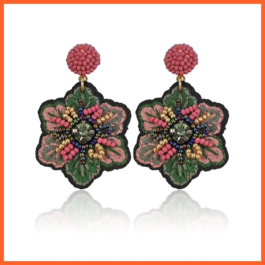 whatagift.com.au green Earrings Flower Shape Bohemian Beads Earrings For Women | Handmade Embroidered Flower Beaded Drop Earrings