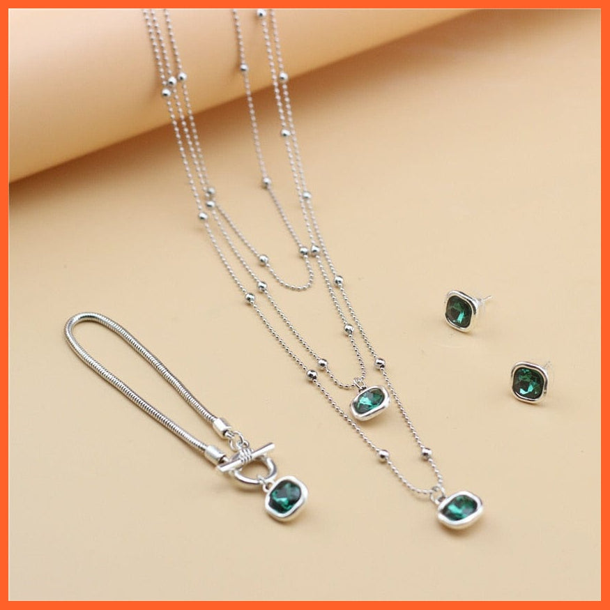 whatagift.com.au Green Set Trendy Woman Crystal Necklace Set Jewelry Set | Crystal Earring Bracelet For Valentine