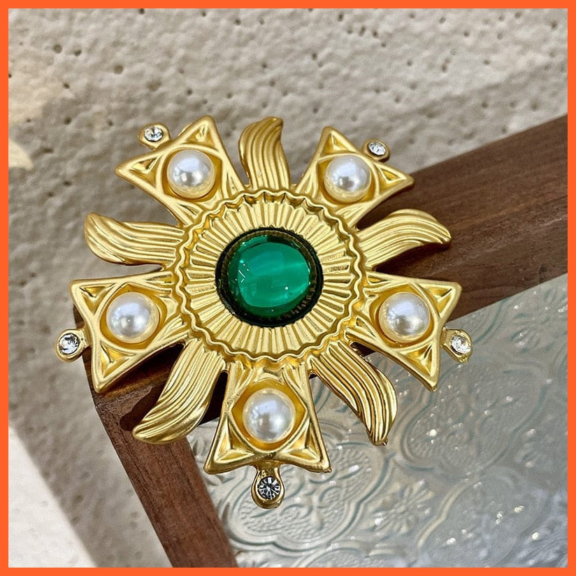 whatagift.com.au Green Vintage Sun Flower Rhinestone Pearl Brooches Pins For Women