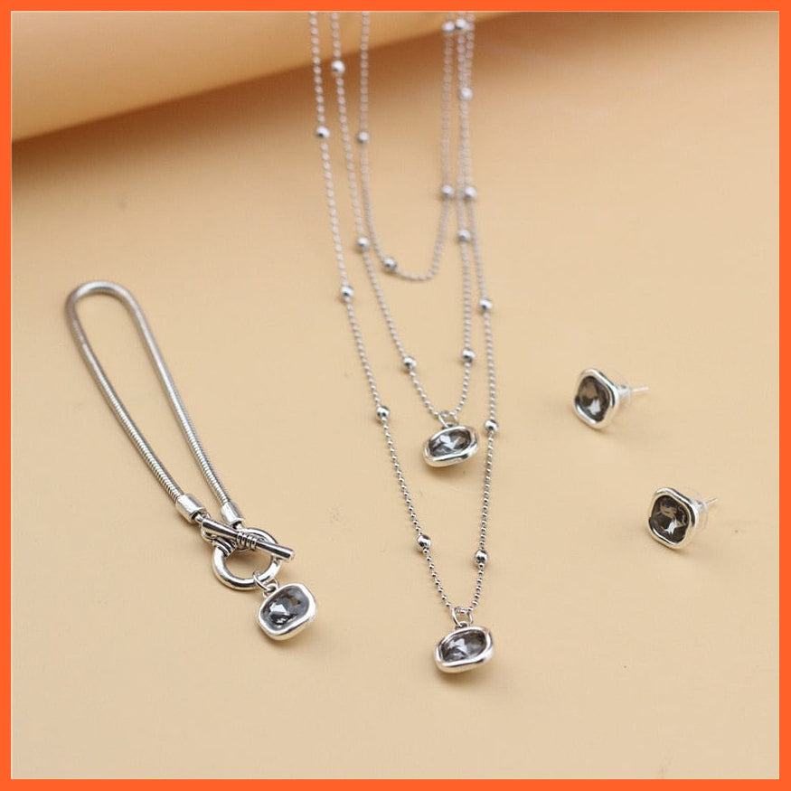 whatagift.com.au Grey Set Trendy Woman Crystal Necklace Set Jewelry Set | Crystal Earring Bracelet For Valentine