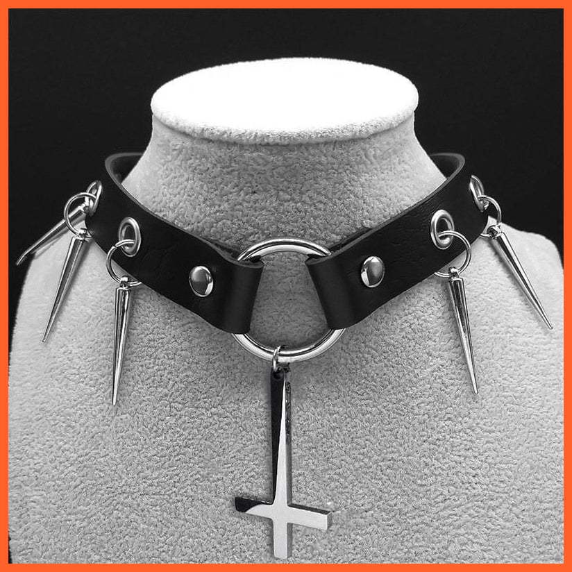 whatagift.uk H Harajuku Choker Goth Satan Inverted Peter's Cross Necklace Stainless Steel PU Leather Cosplay Anime Necklaces Jewelry Gift NXS03