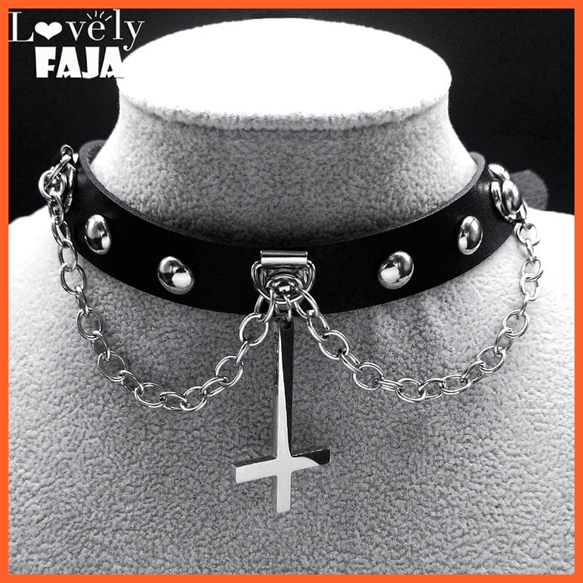 whatagift.uk Harajuku Choker Goth Satan Inverted Peter's Cross Necklace Stainless Steel PU Leather Cosplay Anime Necklaces Jewelry Gift NXS03