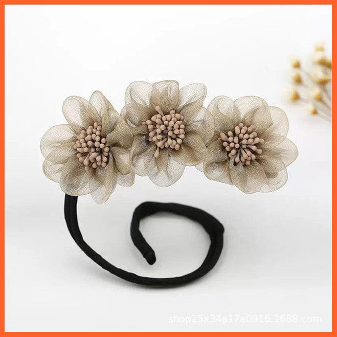 whatagift.com.au Headband Dark Khaki Women Elegant Chiffon Flowers Bun Headband | Long Tools Sweet  Hair Accessories