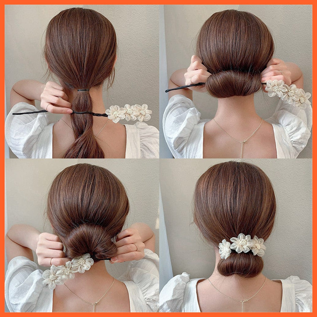 whatagift.com.au Headband Women Elegant Chiffon Flowers Bun Headband | Long Tools Sweet  Hair Accessories