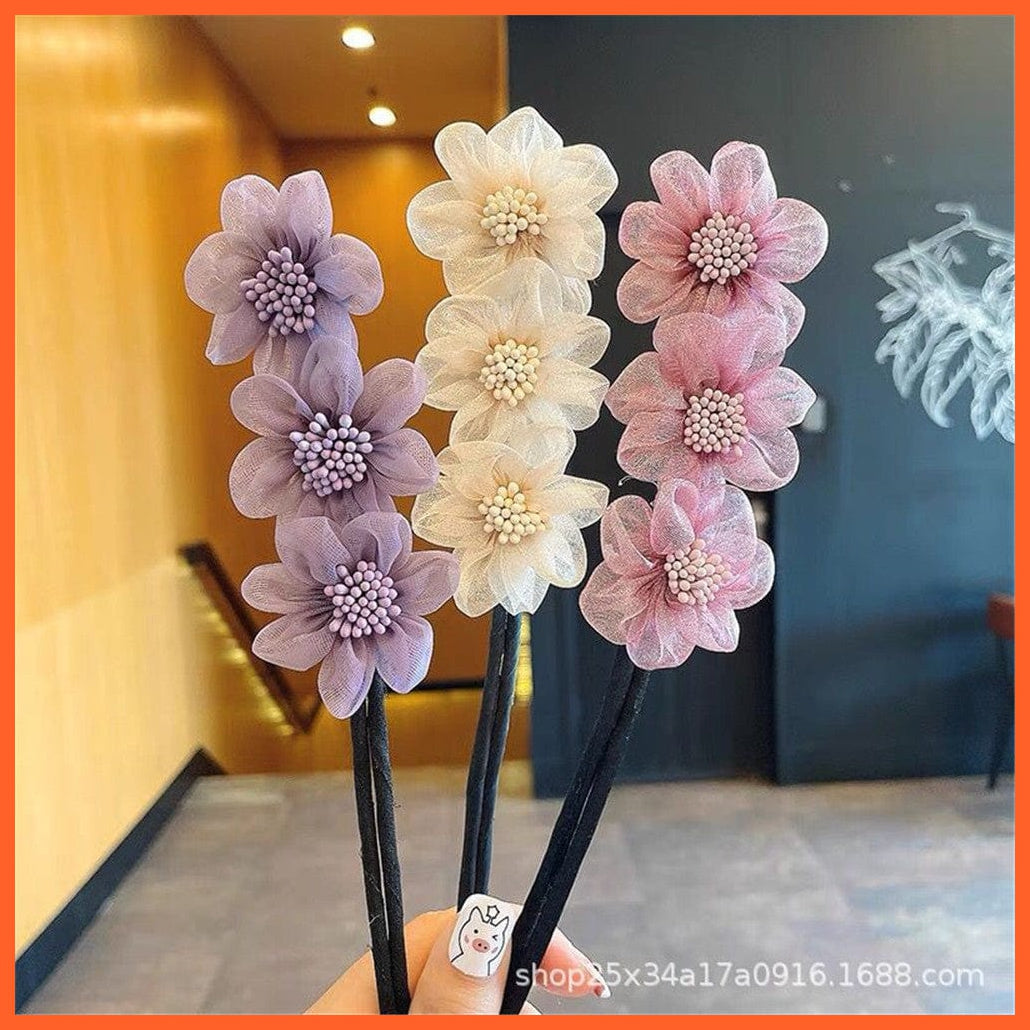 whatagift.com.au Headband Women Elegant Chiffon Flowers Bun Headband | Long Tools Sweet  Hair Accessories