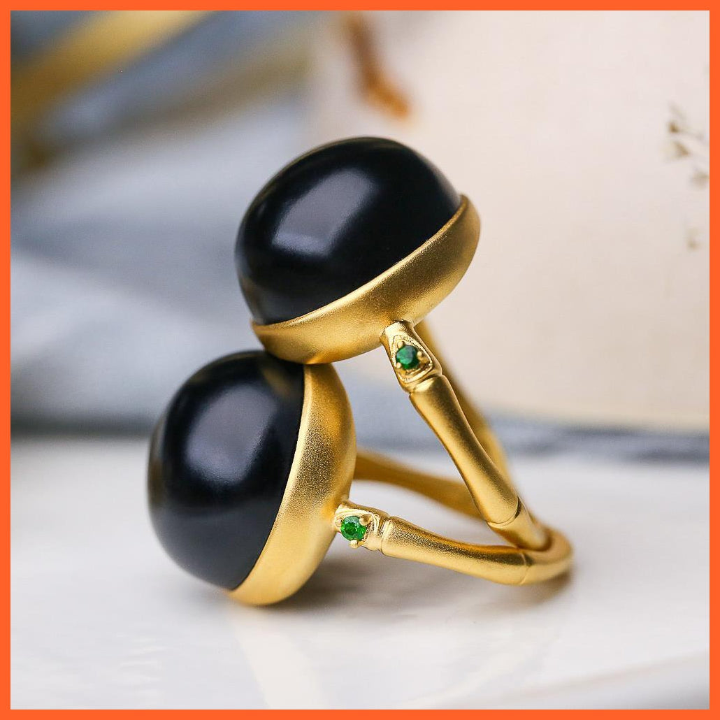 whatagift.uk Hetian Black Jade Round Bead | Bamboo Charm Ring