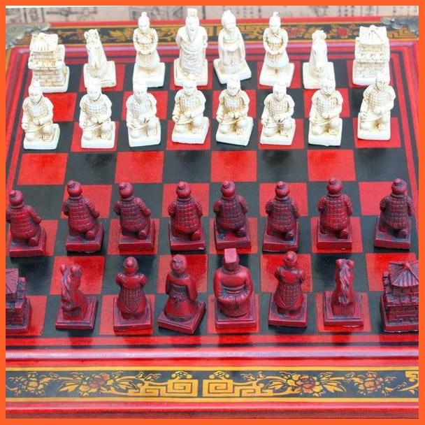 High Quality Chess Set | Beautiful Wooden Board Terracotta Warriors And Horses Chess Set | whatagift.com.au.