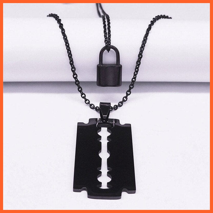 whatagift.uk Hip Hop Double Layer Lock Blade Stainless Steel Black Necklace