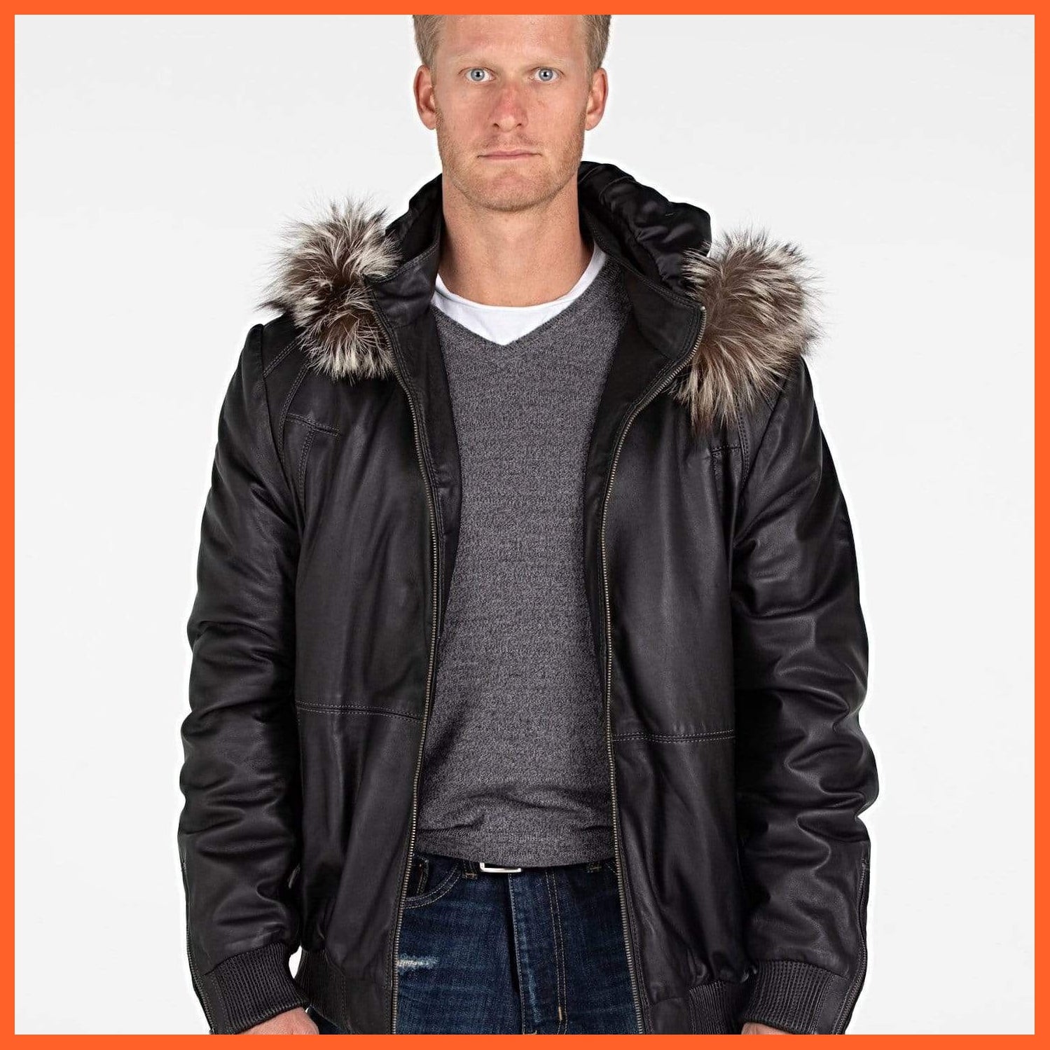 Mens Silver Fox Look Fur Hooded Leather Jacket - Clearance | whatagift.com.au.