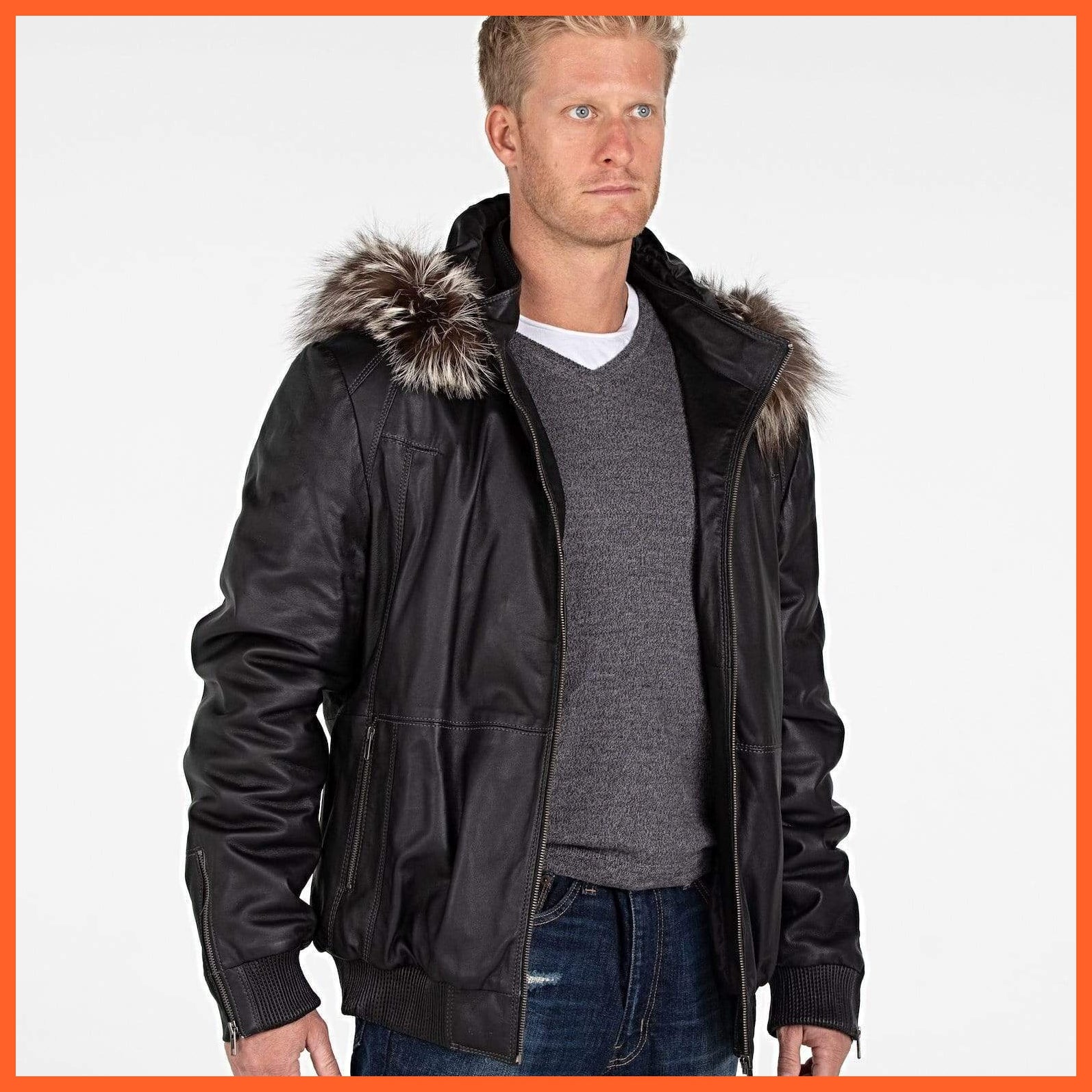 Mens Silver Fox Look Fur Hooded Leather Jacket - Clearance | whatagift.com.au.