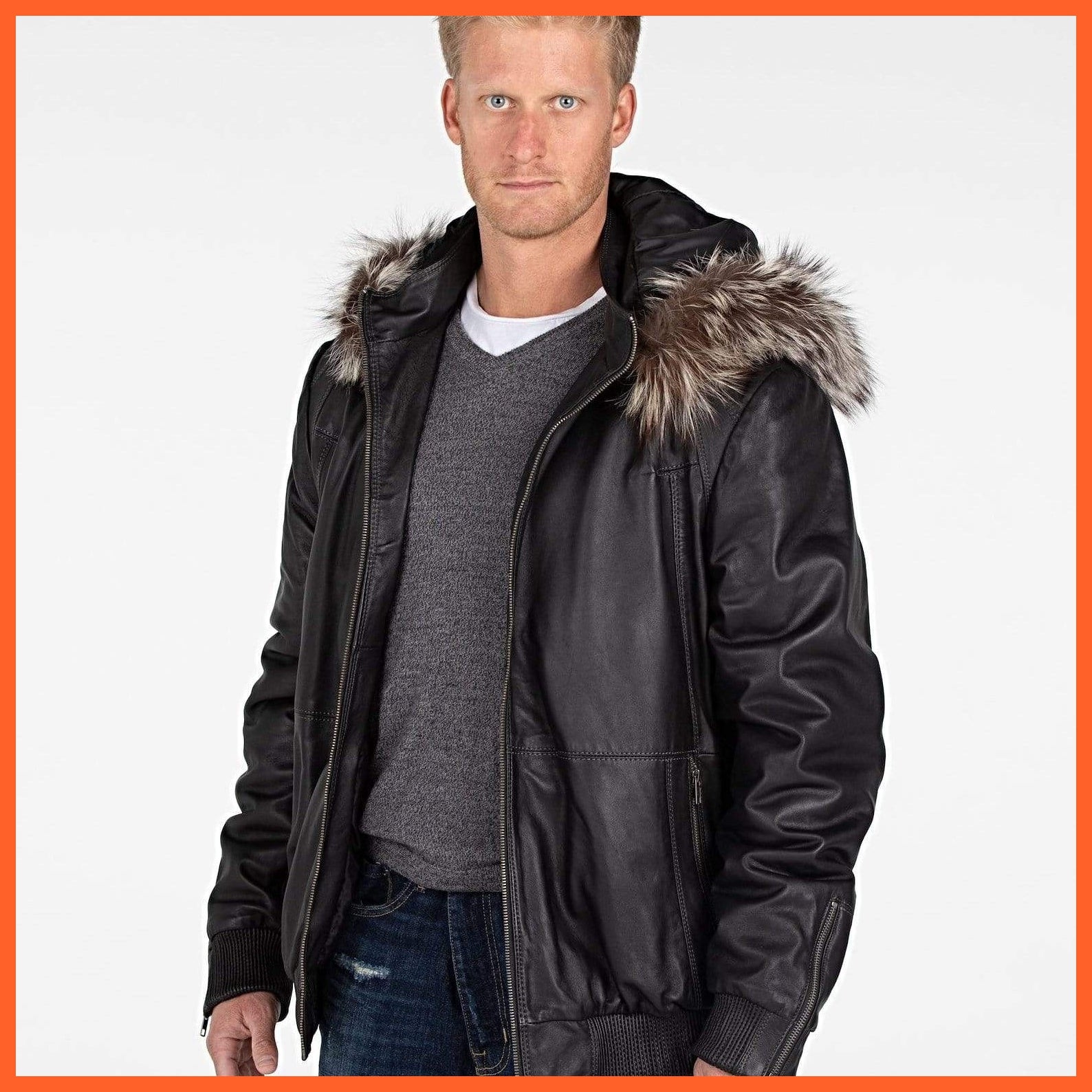 Mens Silver Fox Look Fur Hooded Leather Jacket - Clearance | whatagift.com.au.