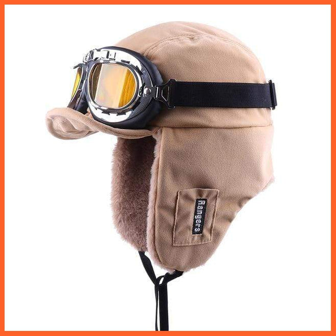 Winter Bomber Plush Earflap Hats Russian With Goggles Khaki-Yellow | whatagift.com.au.