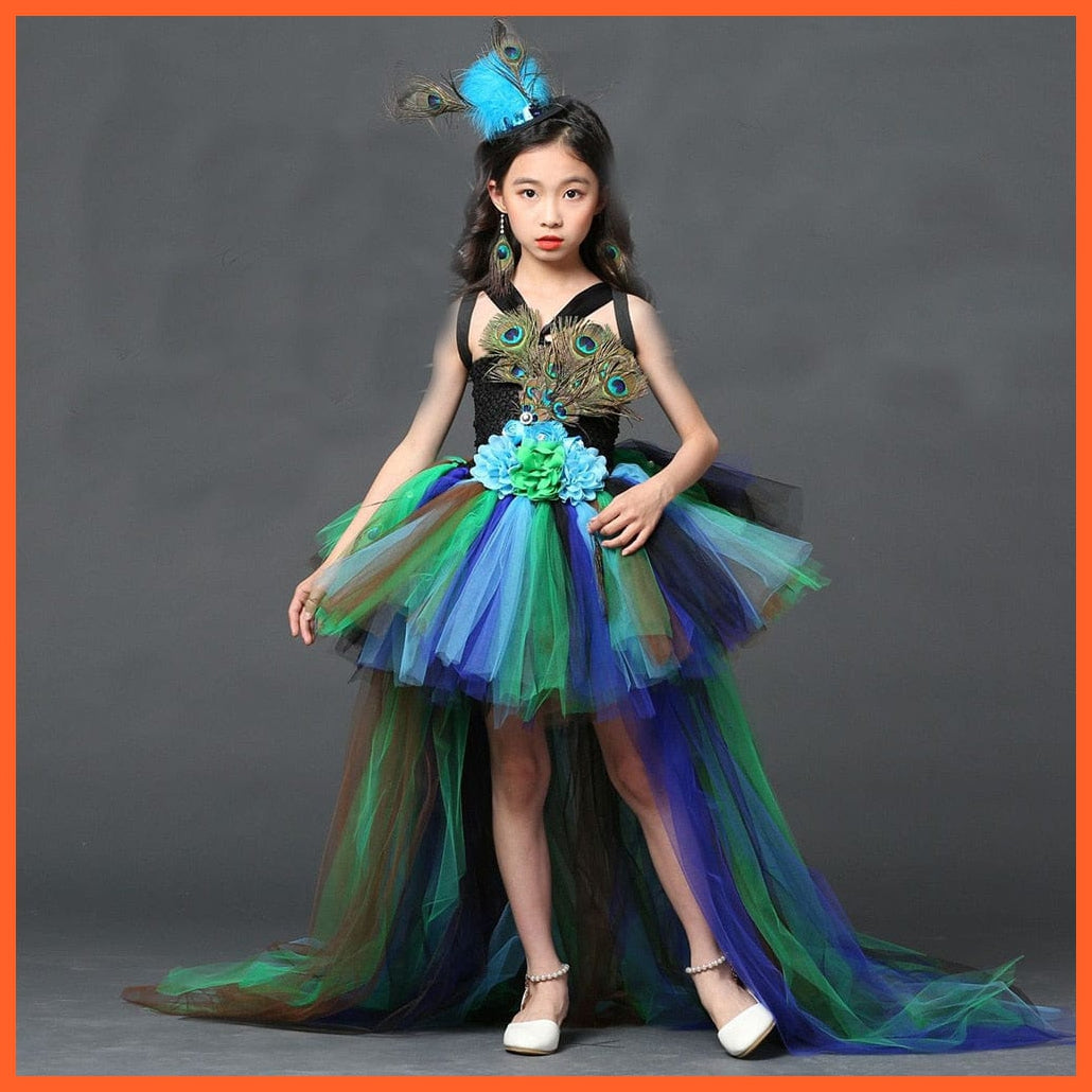 whatagift.com.au Kids Dresses Halloween Girl Peacock Flower Party Tutu Dresses | Train Tulle Peacock Princess