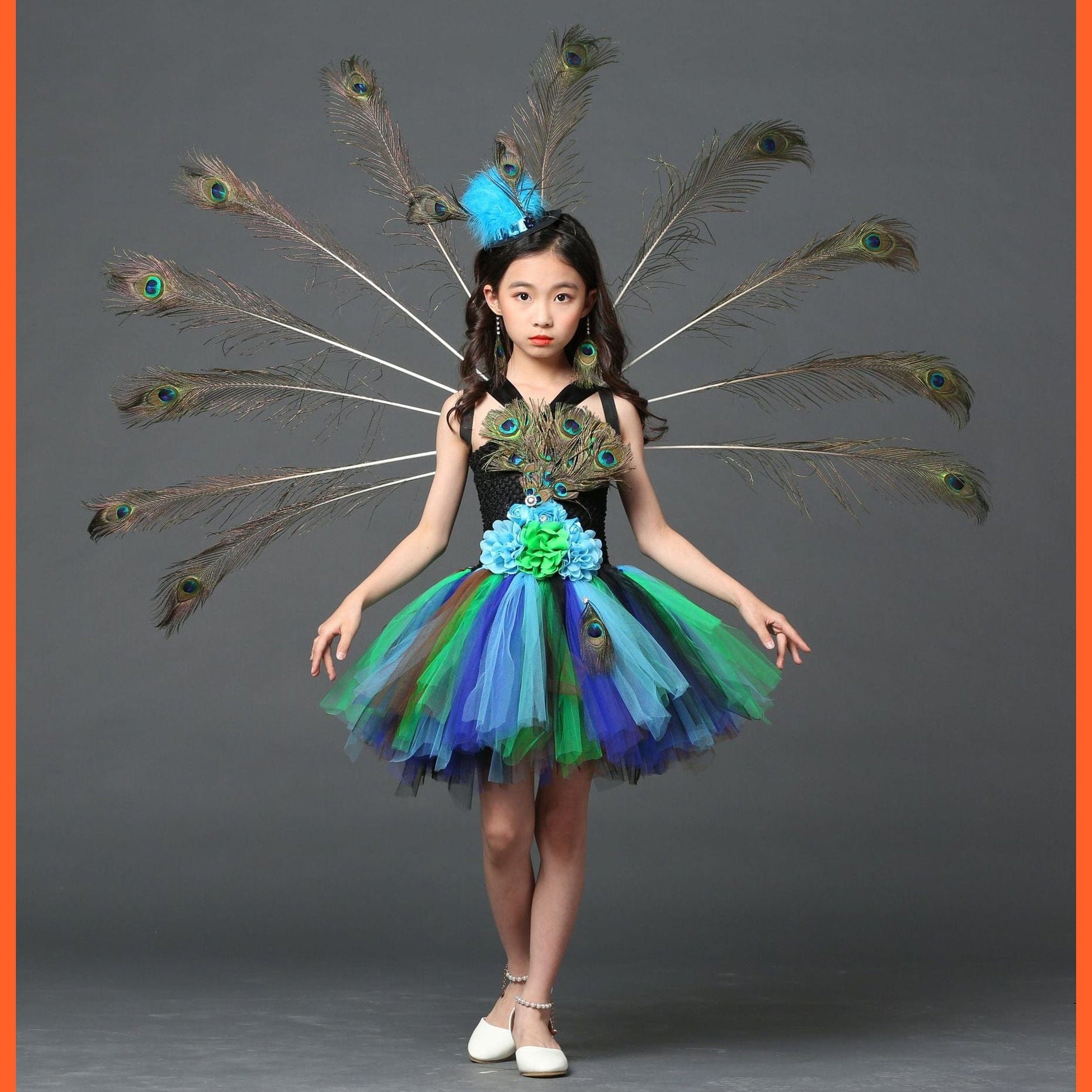 whatagift.com.au Kids Dresses Halloween Girl Peacock Flower Party Tutu Dresses | Train Tulle Peacock Princess