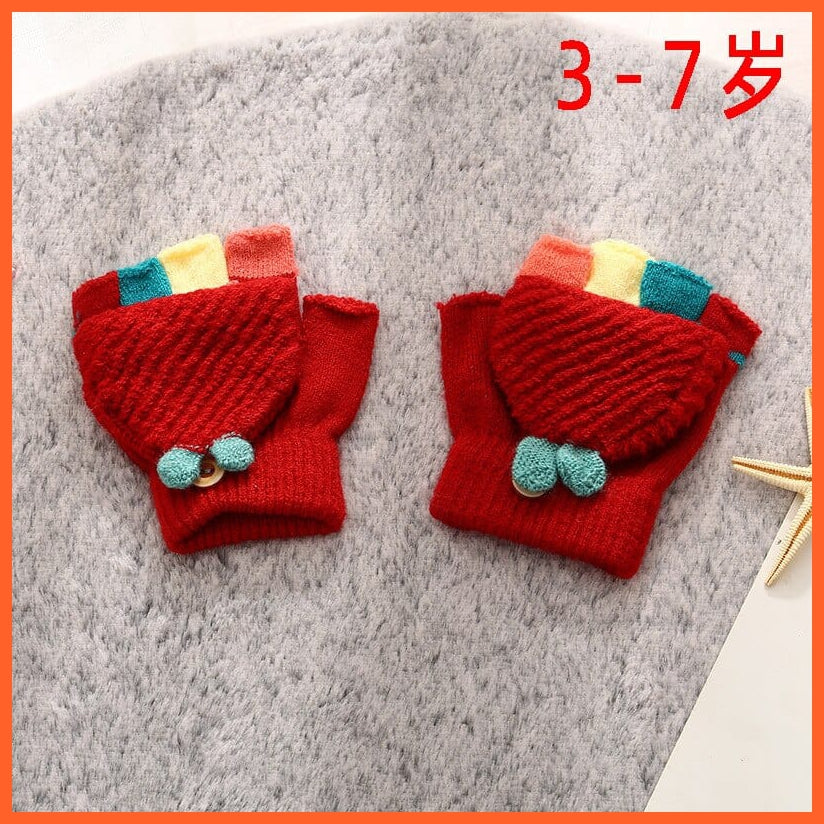 whatagift.com.au Kids Gloves A(3-7 Years) Kids Winter Cute Cartoon Baby Flip Gloves | Full Finger Knit Wool Warm Mittens