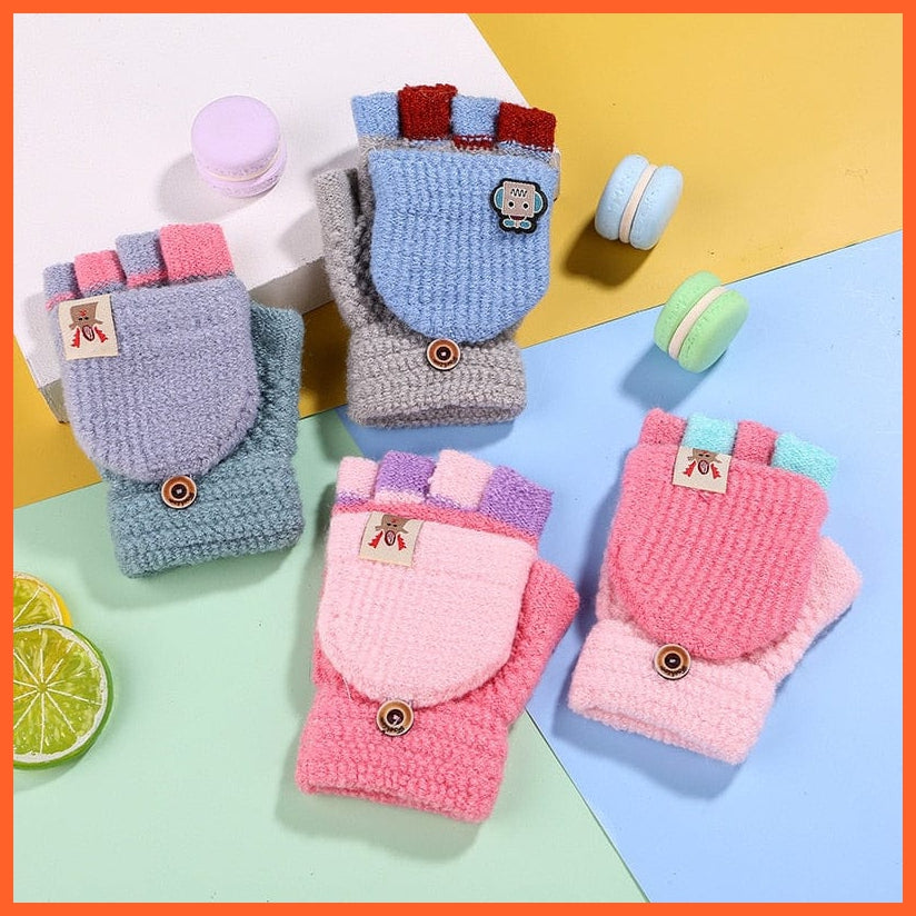 whatagift.com.au Kids Gloves Kids Winter Cute Cartoon Baby Flip Gloves | Full Finger Knit Wool Warm Mittens