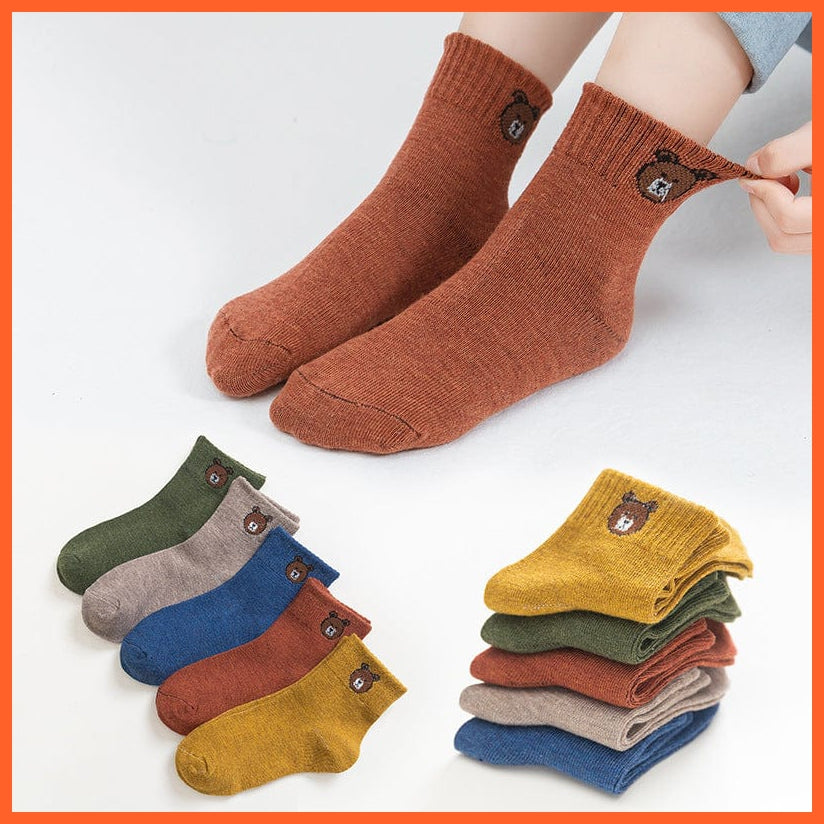 whatagift.com.au kids socks 5 Pairs Baby Boys Winter Cartoon Bear Kids Cotton striped Anti-skid Socks