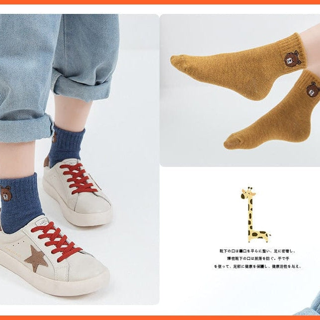 whatagift.com.au kids socks 5 Pairs Baby Boys Winter Cartoon Bear Kids Cotton striped Anti-skid Socks