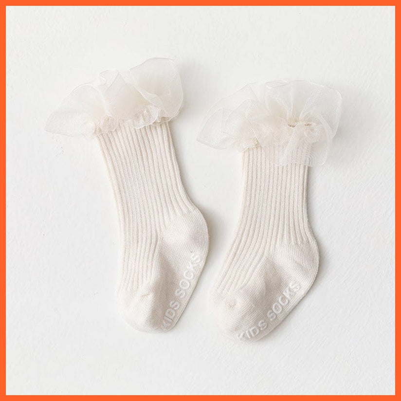 whatagift.com.au kids socks Beige / 0-6Month(XS) Newborn Infant Knee High Ruffle Anti Slip Cotton Long Frilly Lace Kids Socks