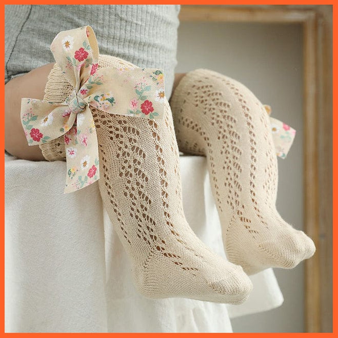 whatagift.com.au kids socks Khaki / 1-3 Years (M) Kids Floral Big Bow Toddlers knee High Long Soft Mesh Princess Baby Socks