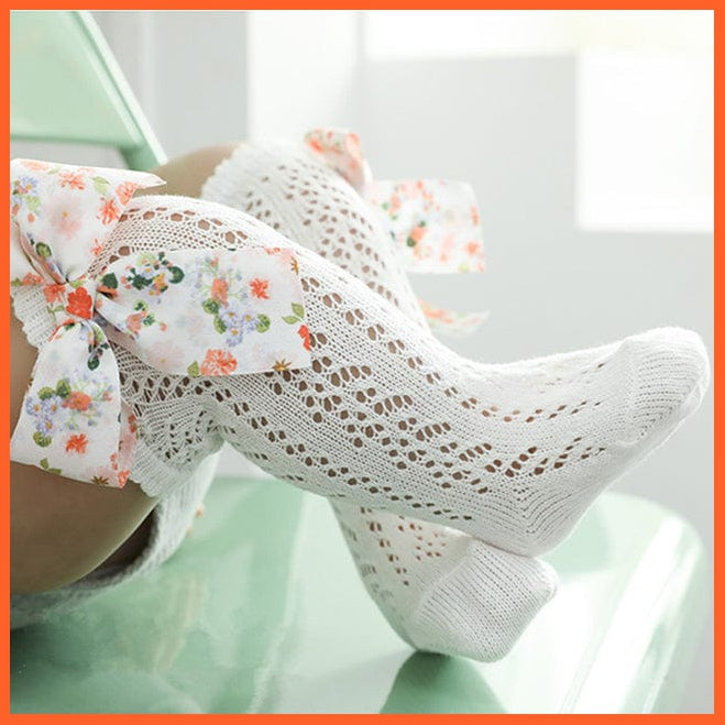 whatagift.com.au kids socks Kids Floral Big Bow Toddlers knee High Long Soft Mesh Princess Baby Socks
