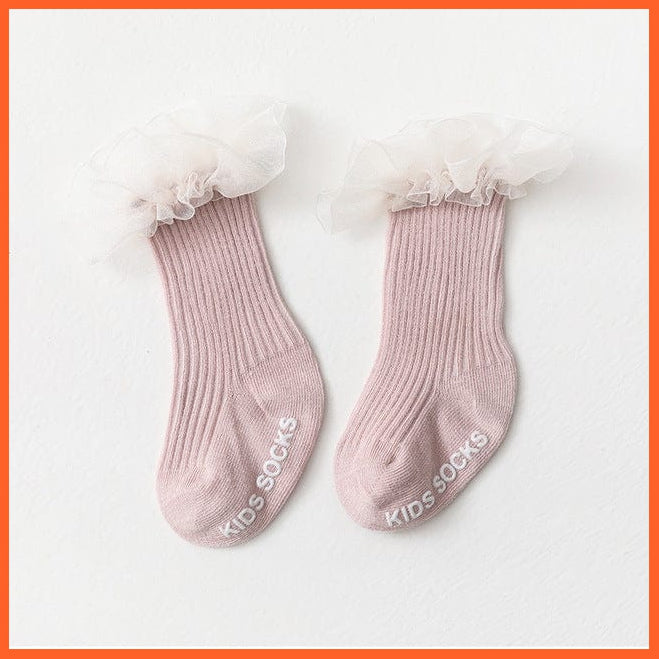 whatagift.com.au kids socks Pink / 0-6Month(XS) Newborn Infant Knee High Ruffle Anti Slip Cotton Long Frilly Lace Kids Socks