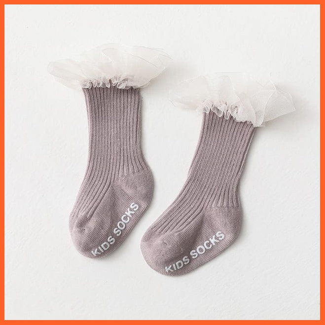 whatagift.com.au kids socks Purple / 6-12Month(S) Newborn Infant Knee High Ruffle Anti Slip Cotton Long Frilly Lace Kids Socks