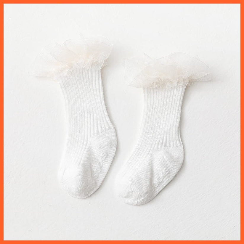 whatagift.com.au kids socks White / 6-12Month(S) Newborn Infant Knee High Ruffle Anti Slip Cotton Long Frilly Lace Kids Socks