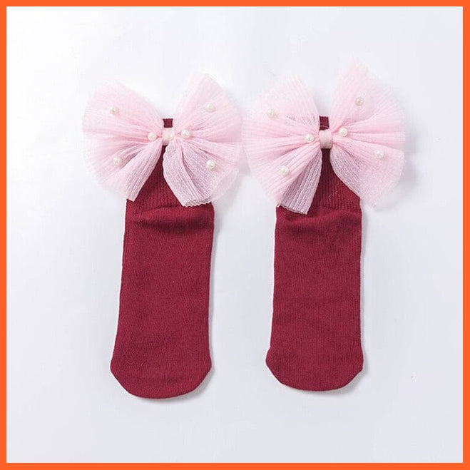 whatagift.com.au kids socks Wine Red Beads Bow / S(1 To 3 Years) New Baby Toddlers Infant Cotton Ankle Socks With Bow Beading Princess Cute Socks