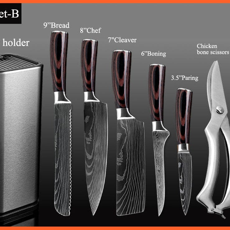 whatagift.com.au Kitchen Knife Chef Knife Set Stainless Steel holder Sharp Sanding Slicing Scissor Kitchen Tool