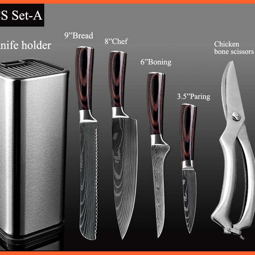 whatagift.com.au Kitchen Knife Chef Knife Set Stainless Steel holder Sharp Sanding Slicing Scissor Kitchen Tool
