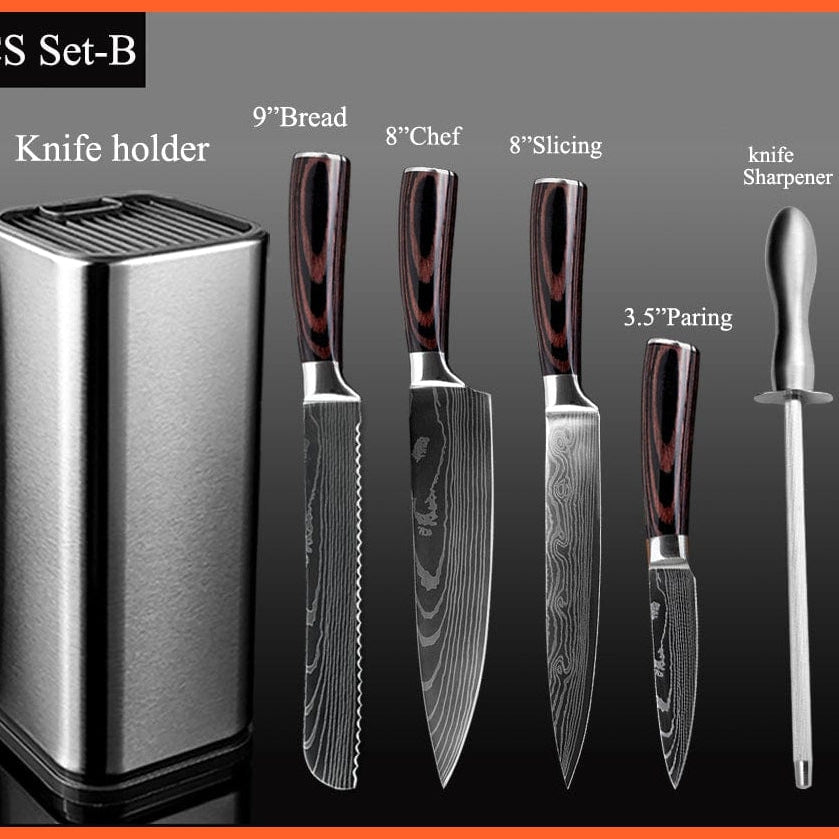 whatagift.com.au Kitchen Knife Chef Knife Set Stainless Steel holder Sharp Sanding Slicing Scissor Kitchen Tool