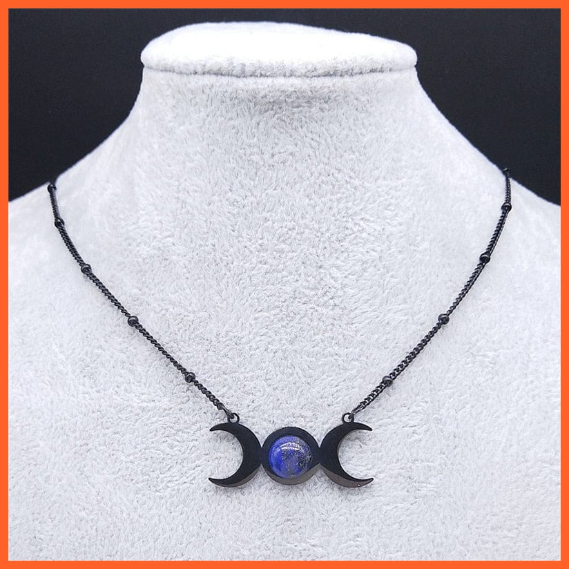 whatagift.uk lanjin 50CM JZP BK Lapis Lazuli Opal Tiger eye Stainless Steel Triple Moon Necklace